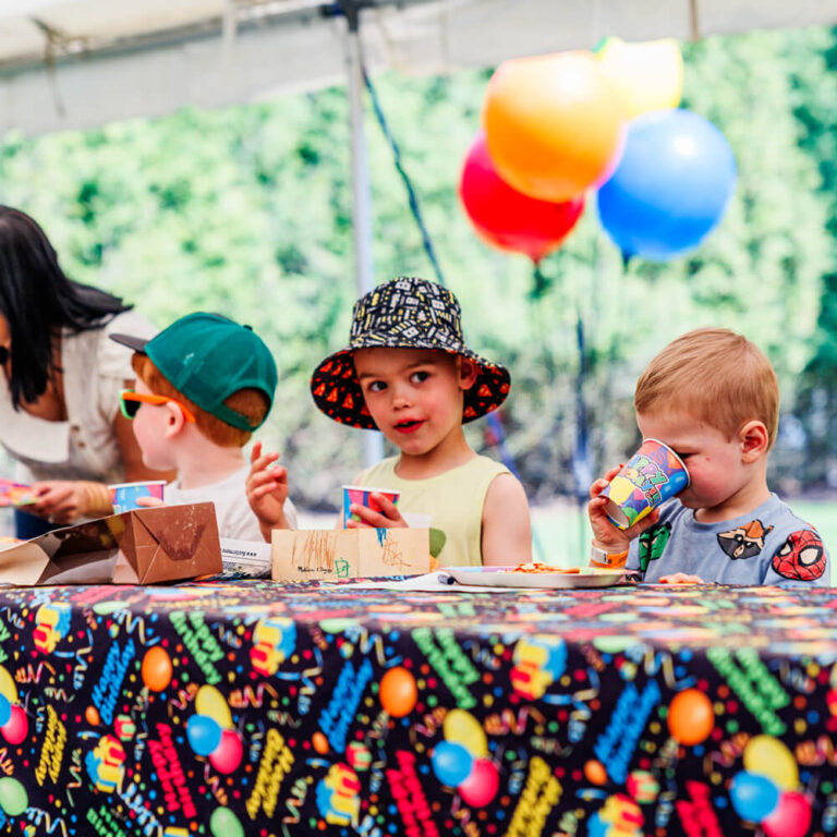 Festively decorated birthday cake table at a Kustermans farm party