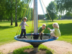 Children riding the Bird Nest Carousel at Kustermans Adventure Farm