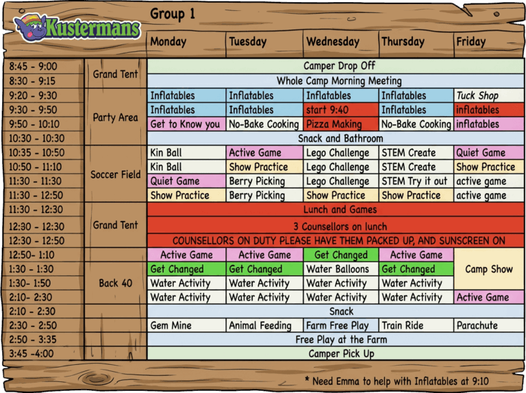 Kustermans Summer Camp weekly schedule chart showing daily activities