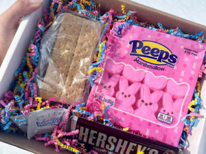 Easter treat gift box with Peeps marshmallows, graham crackers and Hershey's chocolate
