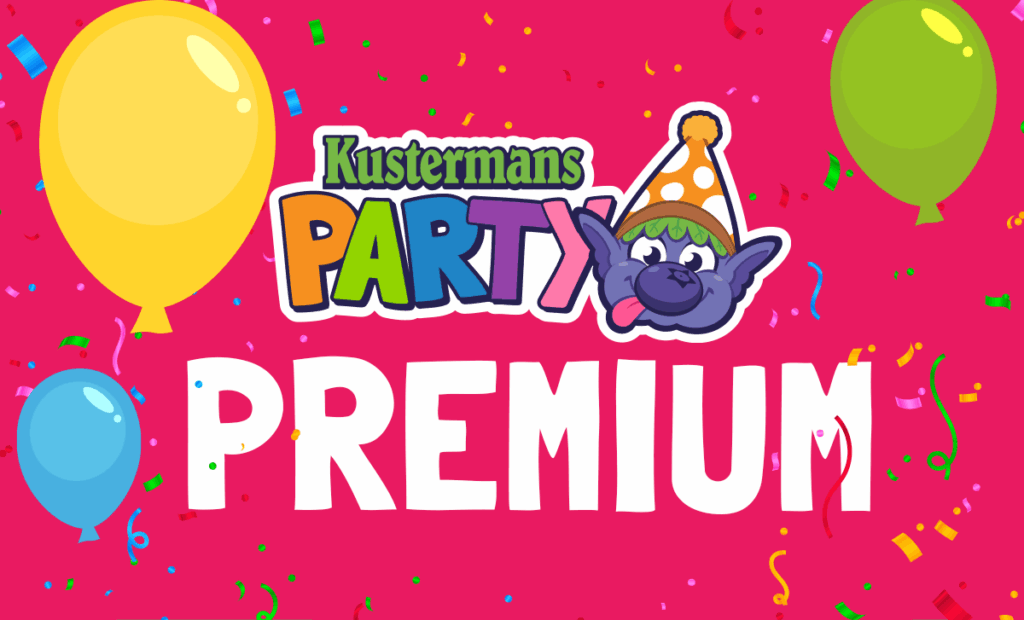 Kustermans Party Premium birthday package banner with balloons on pink background