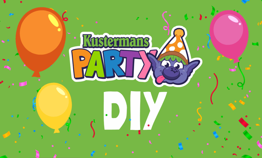 Kustermans Party DIY birthday package banner with colorful balloons and confetti