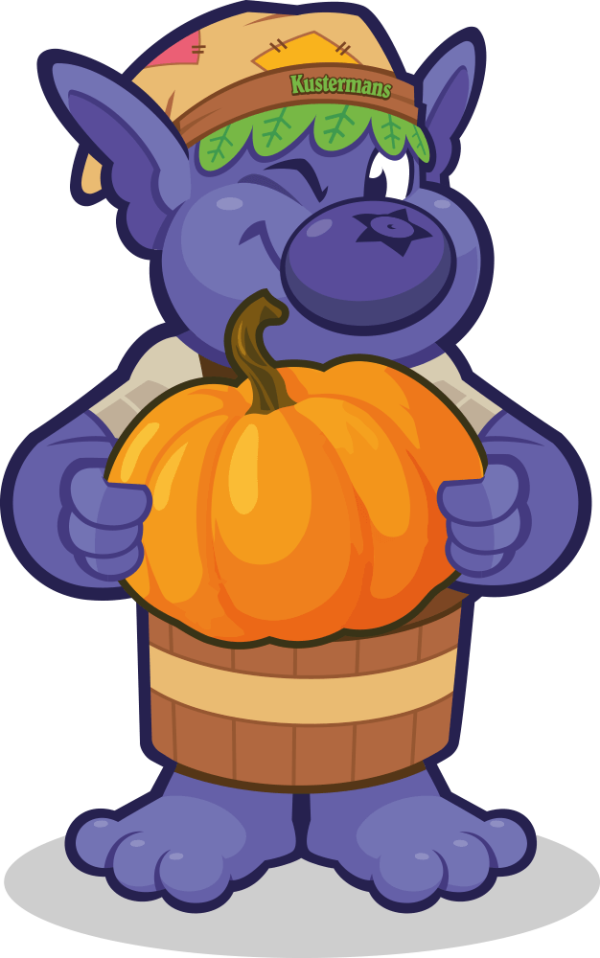 Bloober the Kustermans mascot picking pumpkins in the fall pumpkin patch