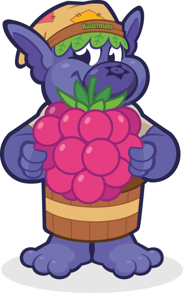 Bloober the Kustermans mascot holding a basket of fresh raspberries