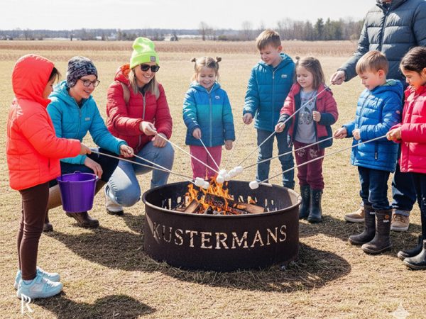 Families gathered around a campfire at the Kustermans fire pit area